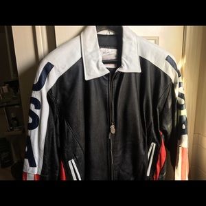 Mens Leather Embroidered Flag Jacket Good Condition